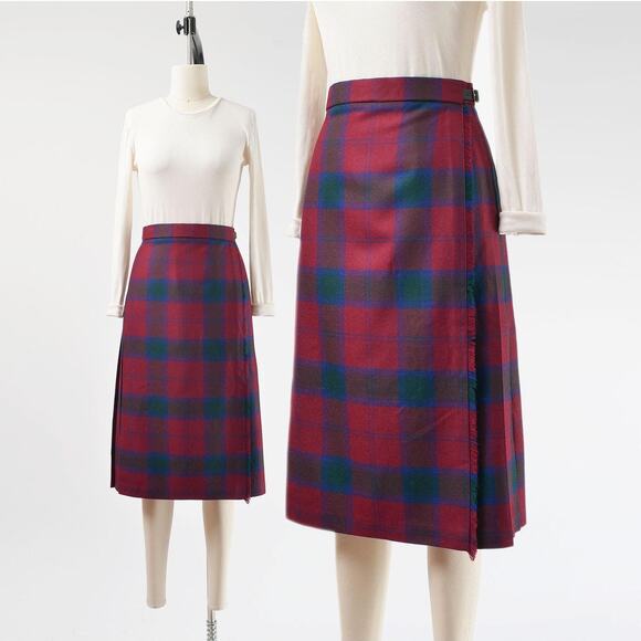 Vintage Dresses & Skirts - Vintage 70s Plaid Kilt Wool Preppy Academia Midi Length Pleated Wrap Skirt XS S